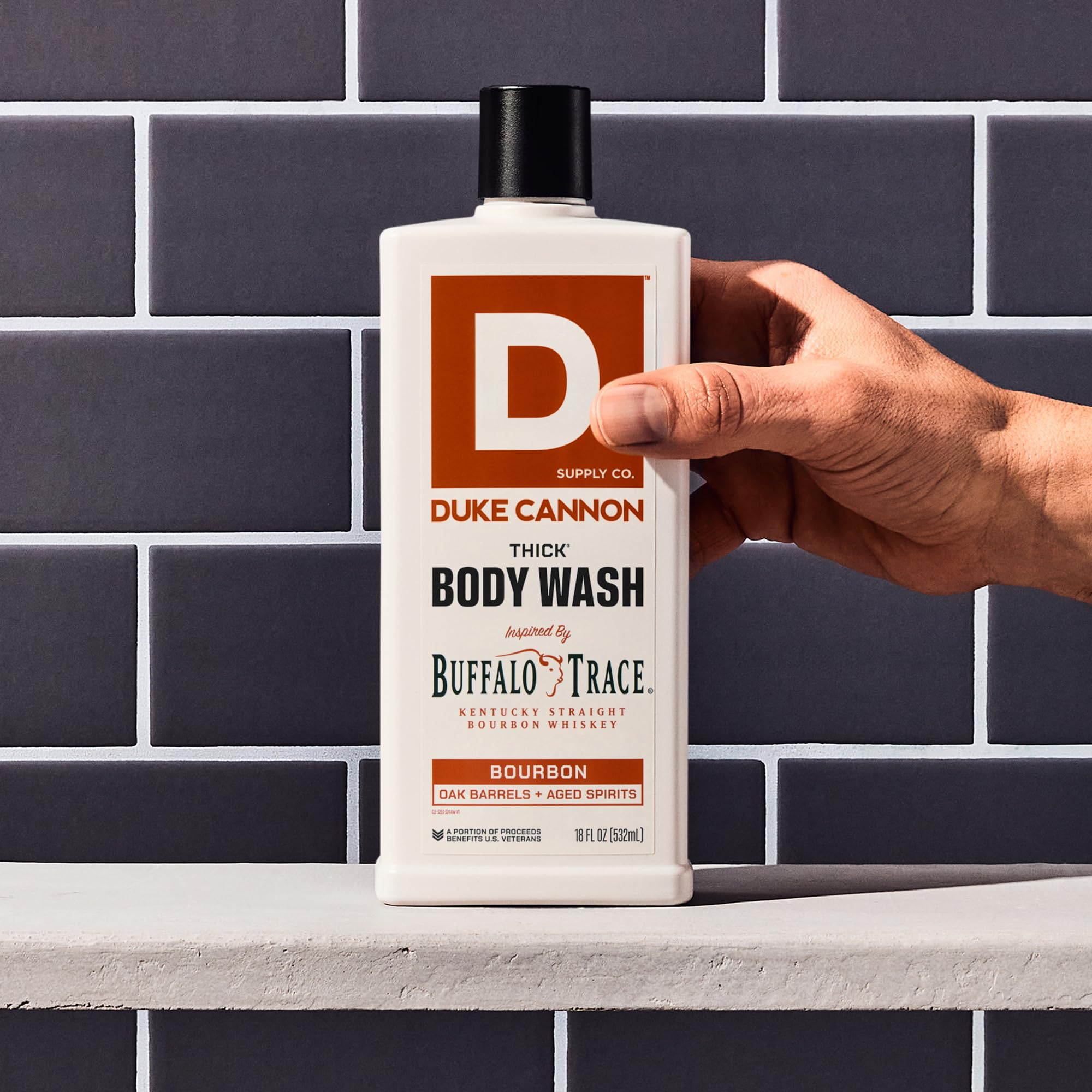 Duke Cannon Buffalo Trace inspired bourbon body wash eighteen fluid ounce premium packaging