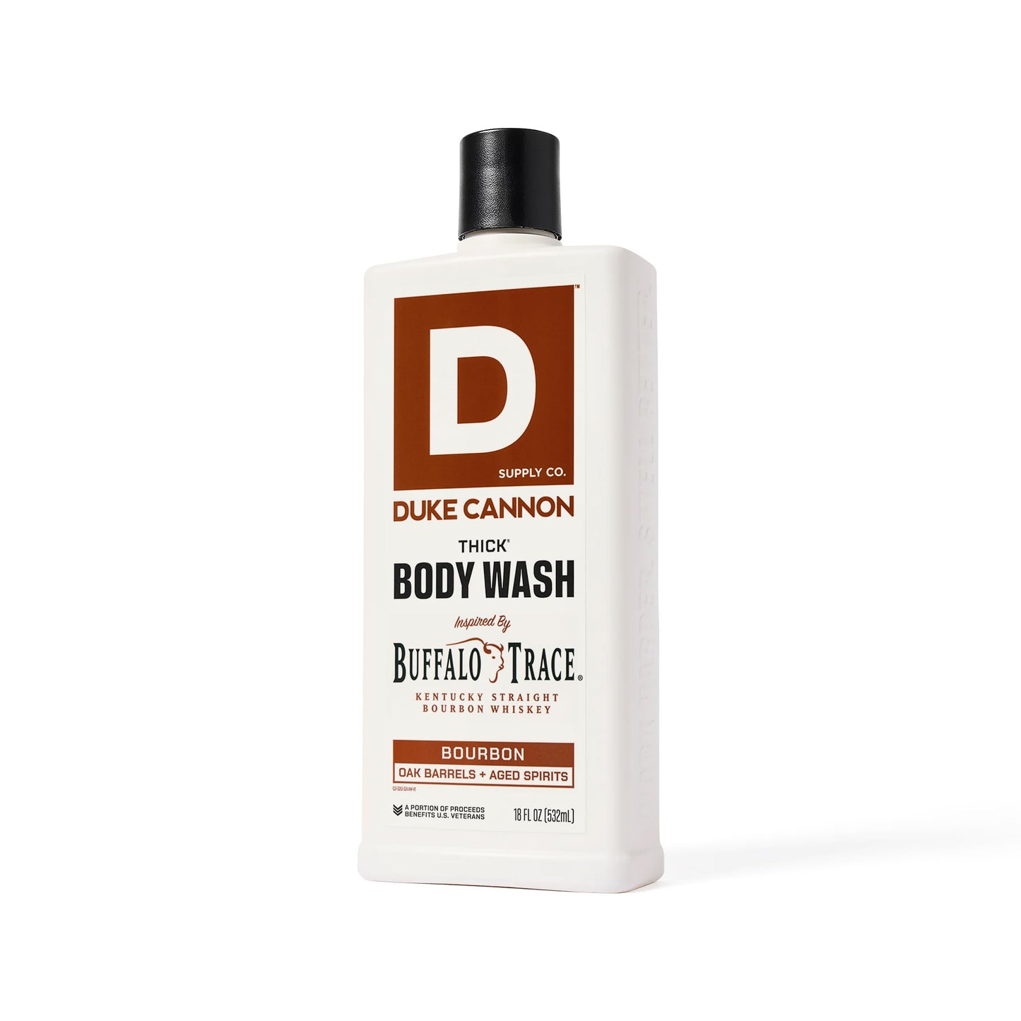 Duke Cannon thick high viscosity bourbon body wash product angle revealing sturdy container design