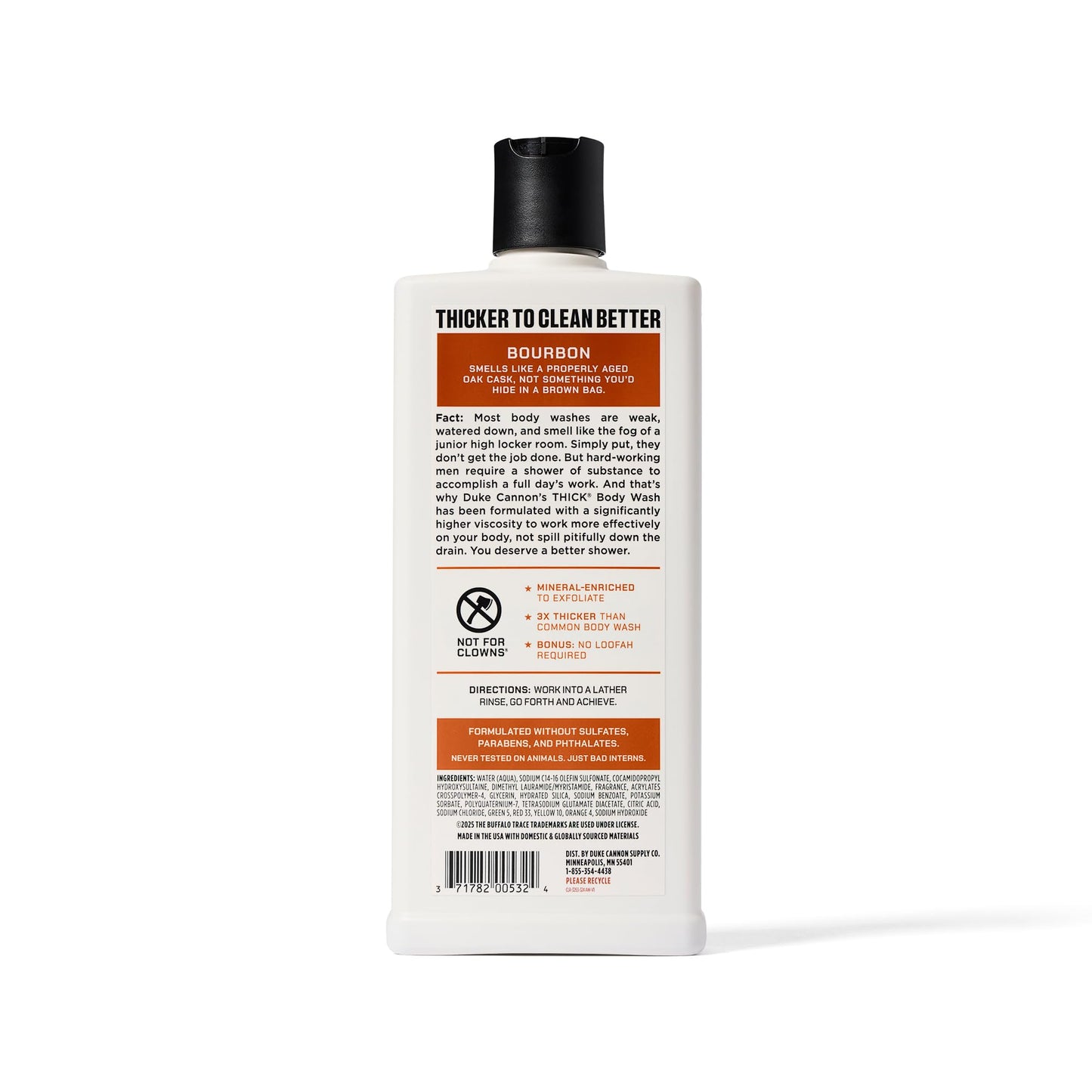 Duke Cannon exfoliating mineral enriched mens body wash showing premium USA imported product seal