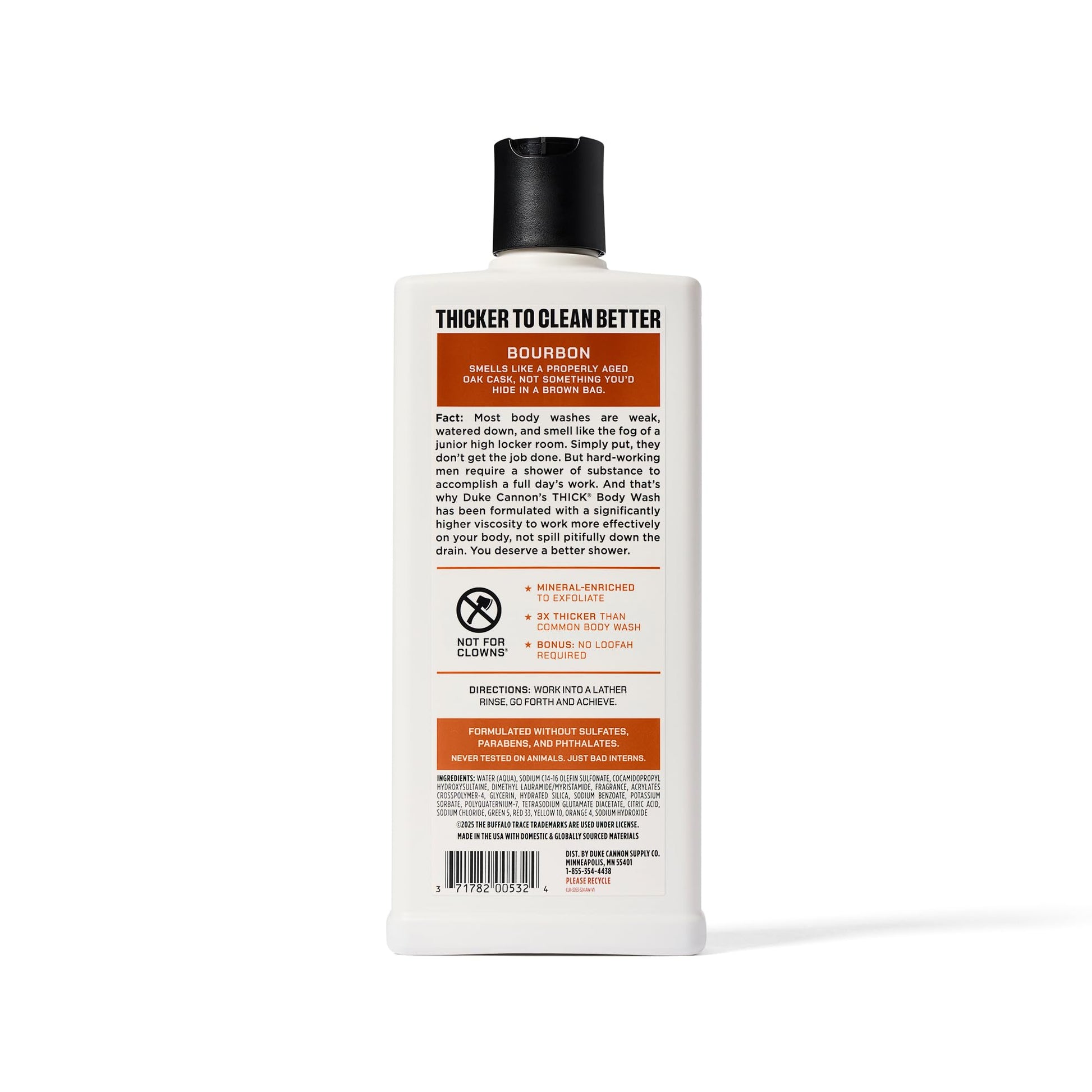 Duke Cannon exfoliating mineral enriched mens body wash showing premium USA imported product seal