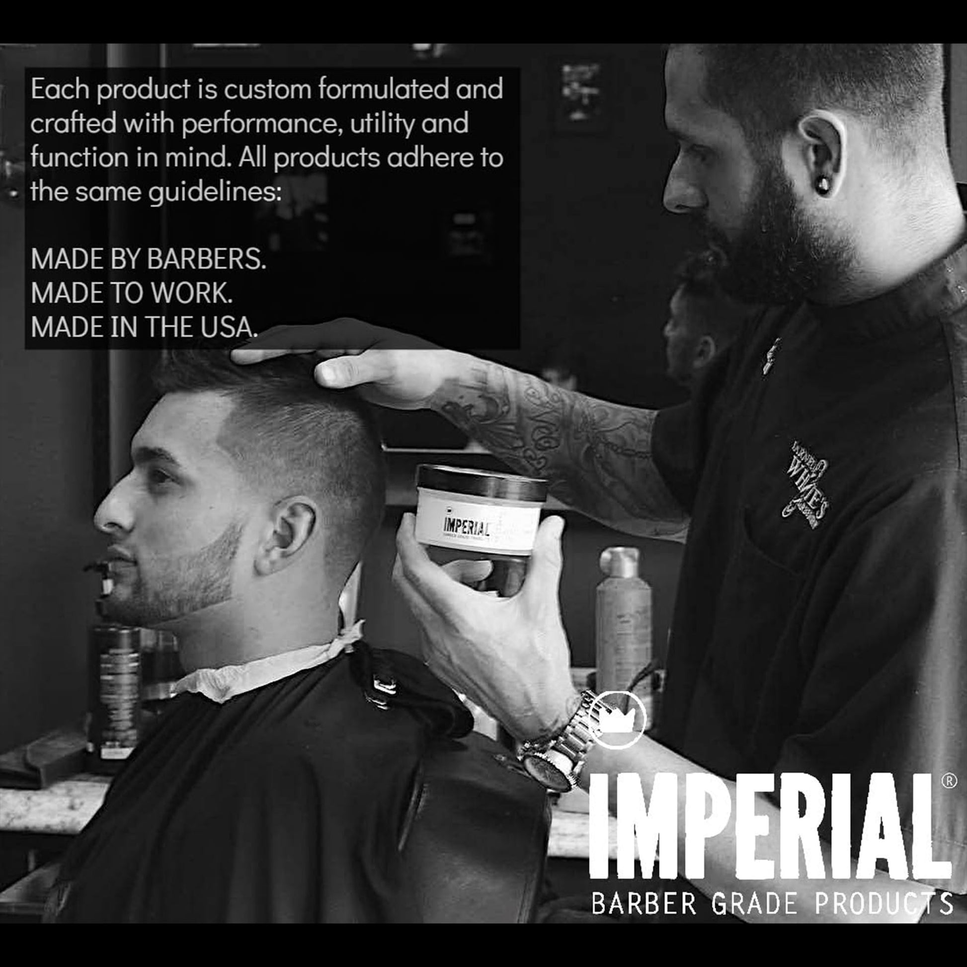 Authentic USA imported Imperial Barber Grade Products hair pomade jar placed upright on a clean grooming countertop.