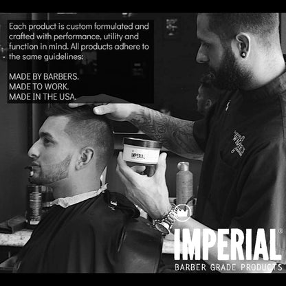 Authentic USA imported Imperial Barber Grade Products hair pomade jar placed upright on a clean grooming countertop.