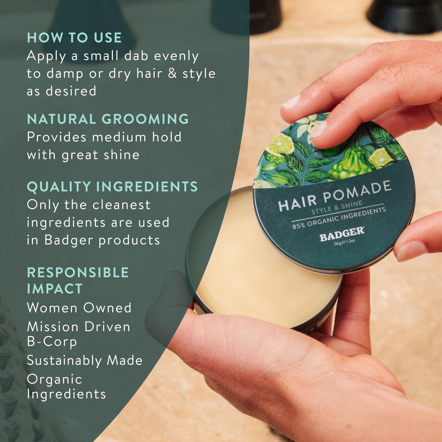 Badger natural hair grooming pomade product display emphasizing its medium shine finish properties.
