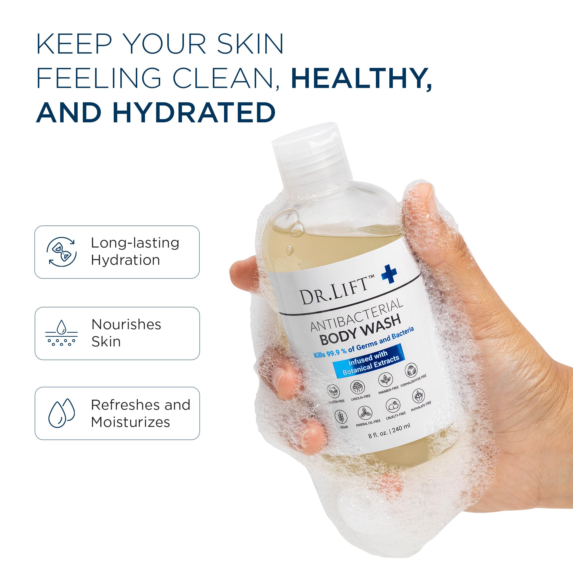 Dr. Lift hydrating shower cleanser displaying the eight fluid ounces packaging label with citric acid and spirulina.