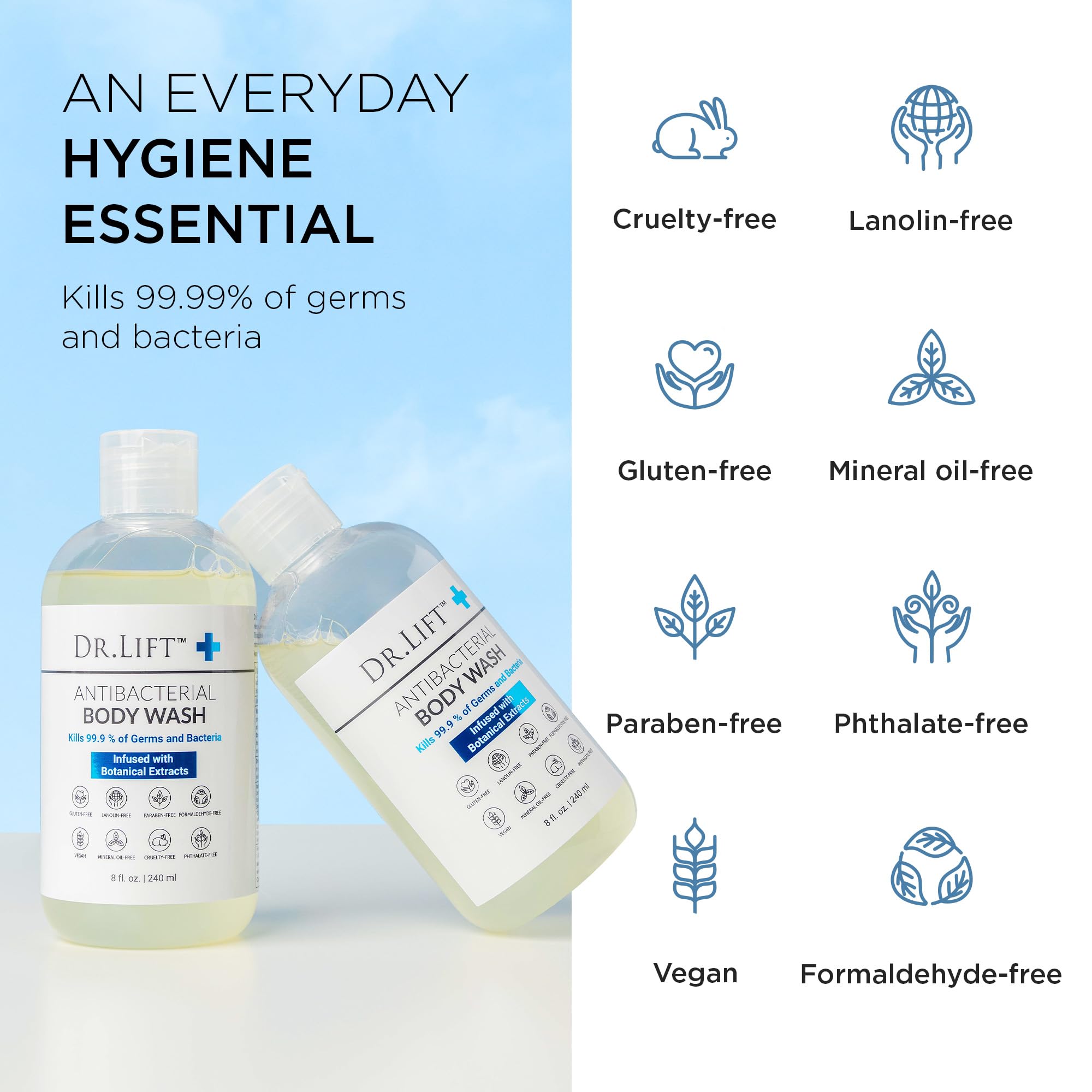 Back label of Dr. Lift antibacterial bathing liquid detailing the vegan and paraben free product ingredients.