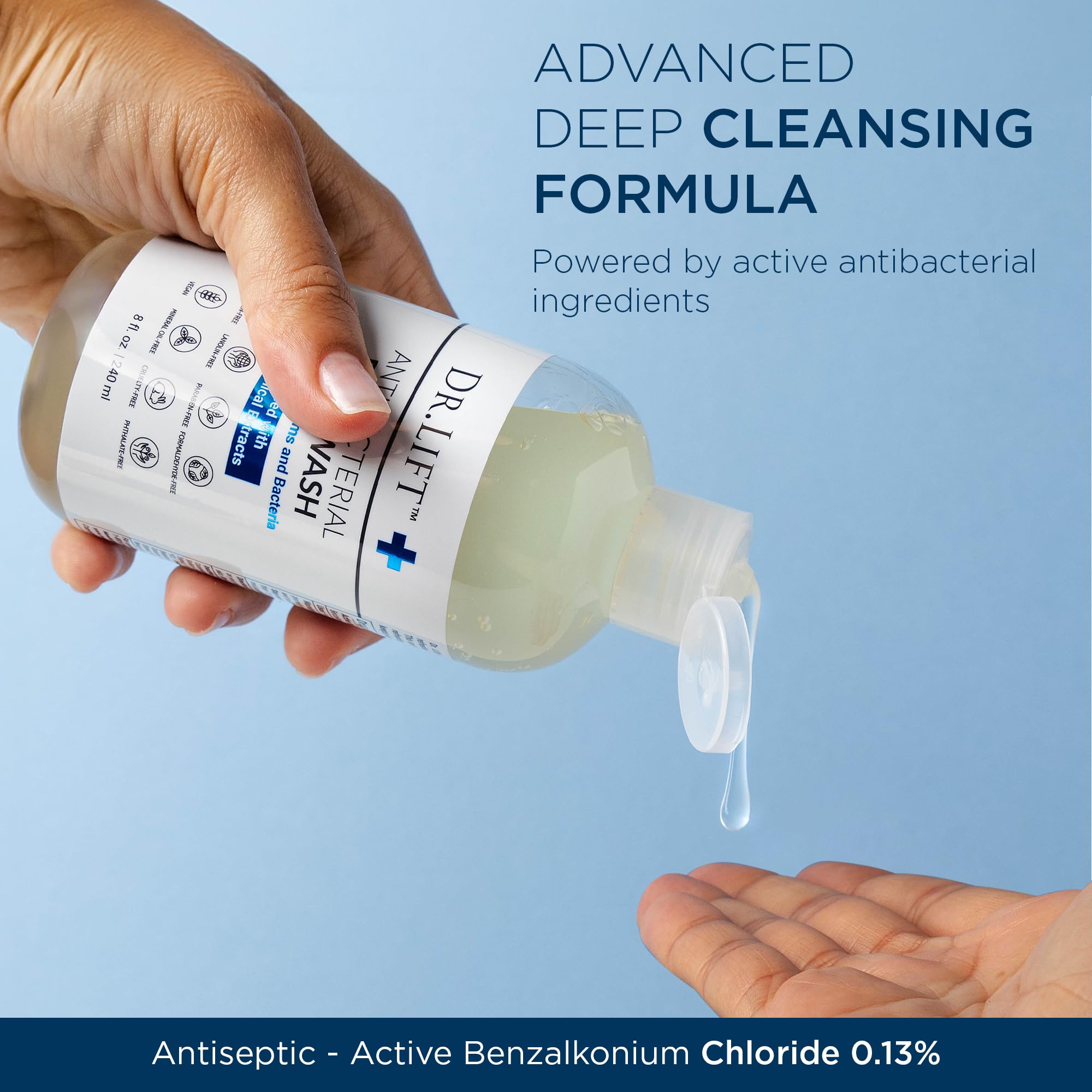 Dr. Lift personal care cleanser bottle highlighting the advanced benzalkonium chloride germ killing formula.