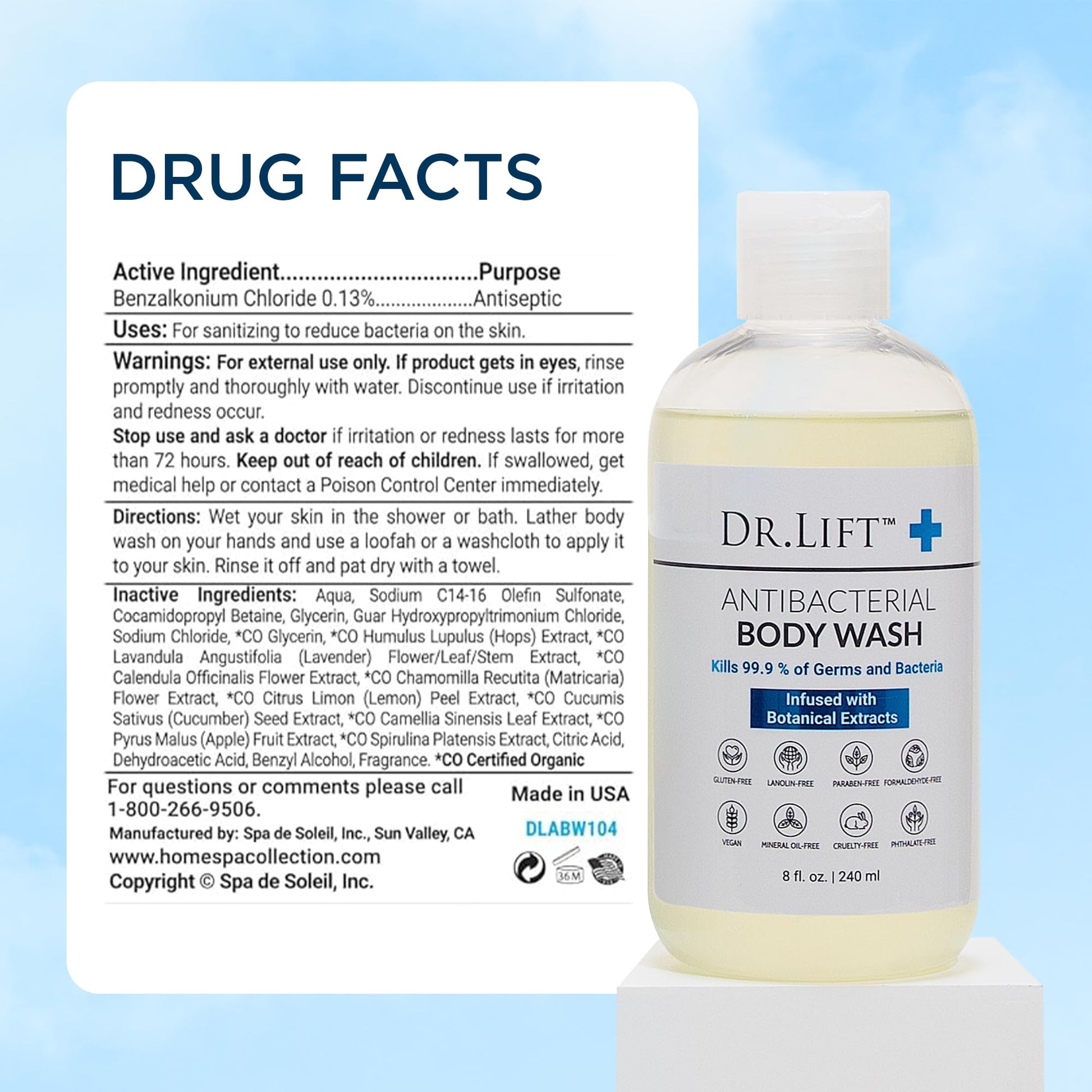 Texture shot of Dr. Lift silky lathering antibacterial cleanser liquid next to the authentic product bottle.