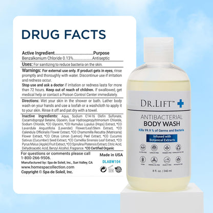 Texture shot of Dr. Lift silky lathering antibacterial cleanser liquid next to the authentic product bottle.