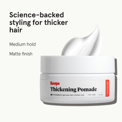 Keeps Matte Thickening Pomade white tub packaging showing medium hold label