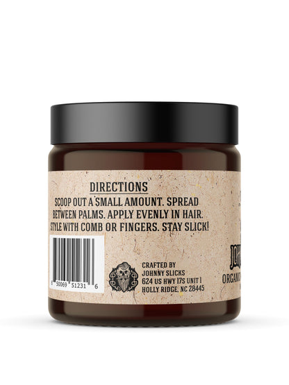 Back label of Johnny Slicks organic water soluble pomade showing ingredients