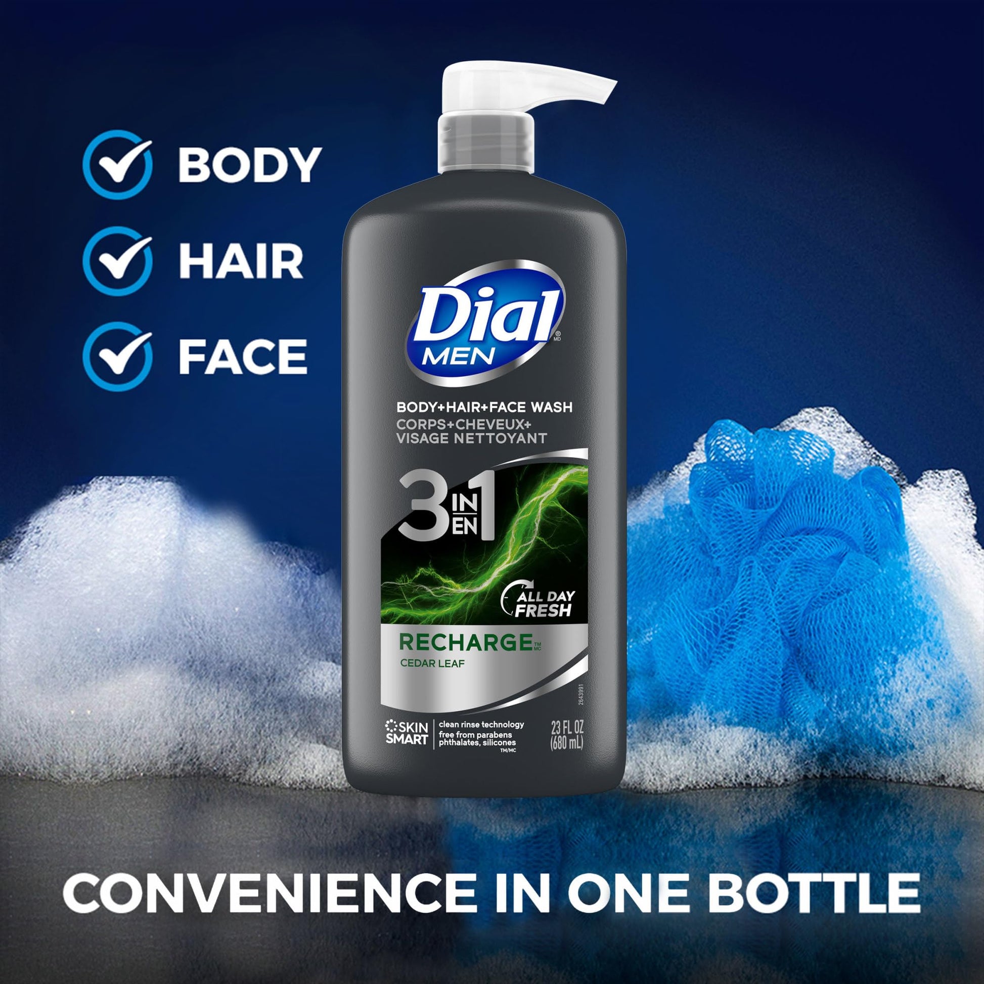Dial Men 3 in 1 body wash packaging showing 23 fluid ounce size