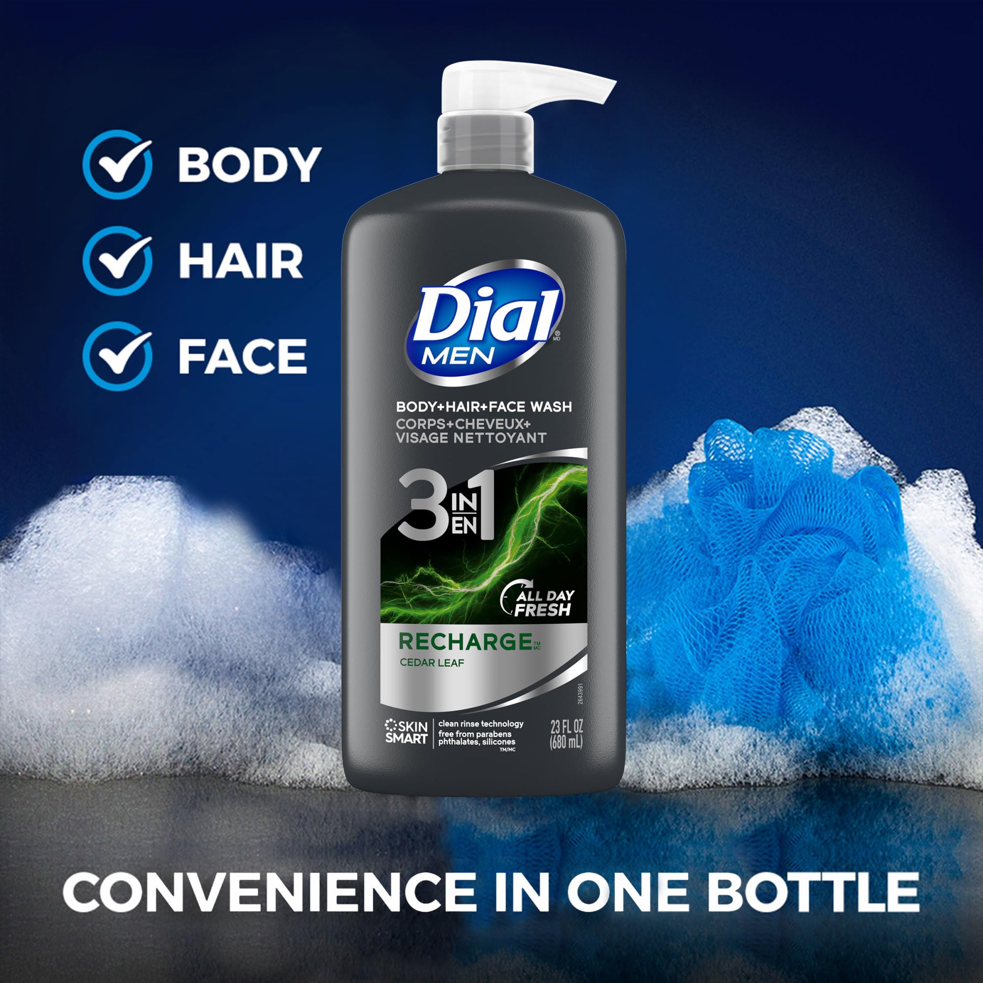 Dial Men 3 in 1 body wash packaging showing 23 fluid ounce size