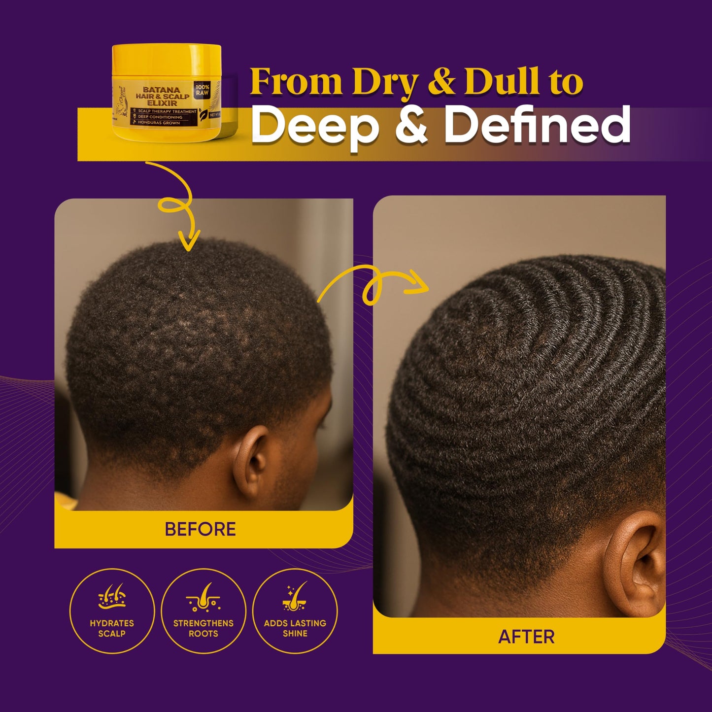 Ocean View Deep Waves Pomade ingredients panel showing raw batana oil and rosemary oil