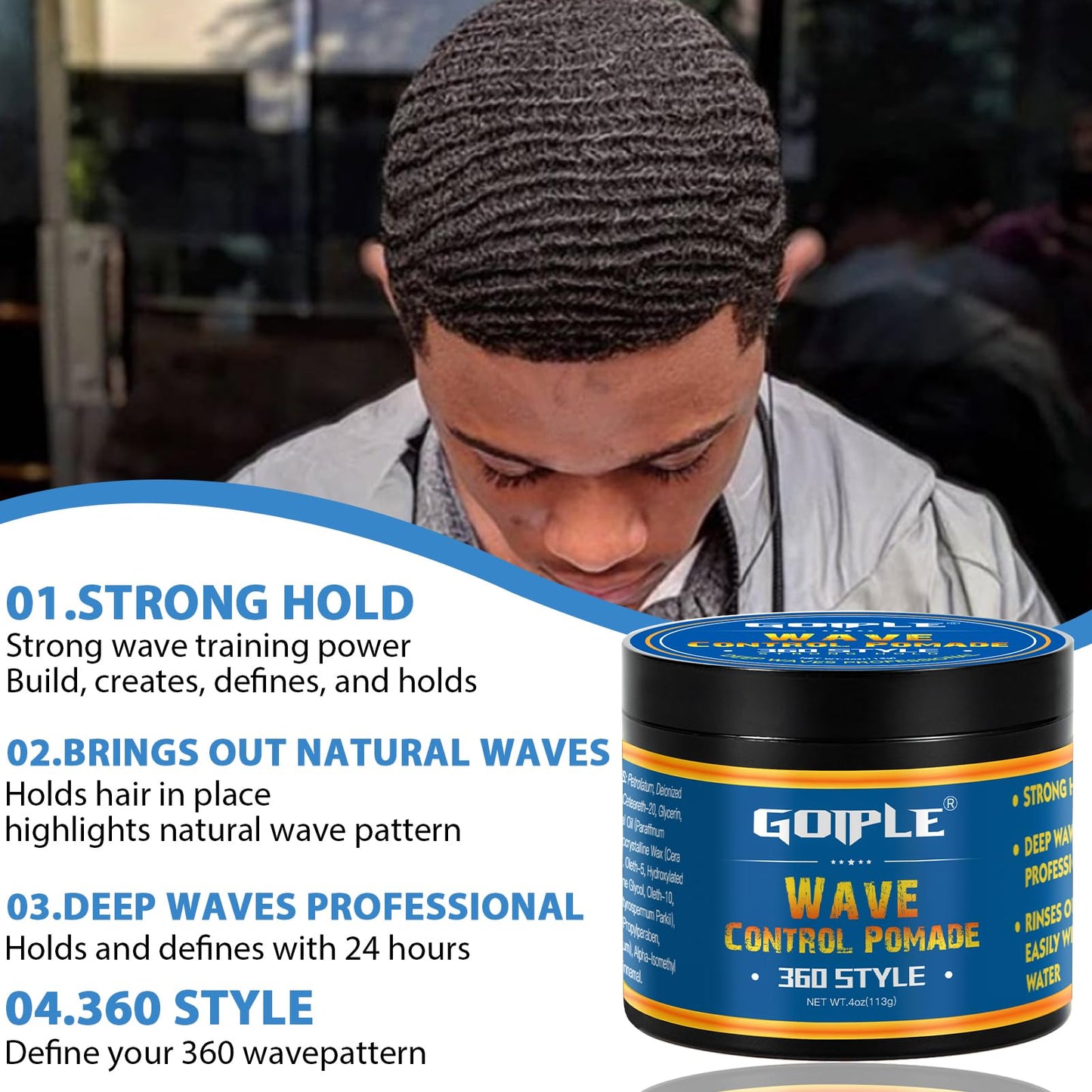 Goiple wave grease for men being applied to hair for definition