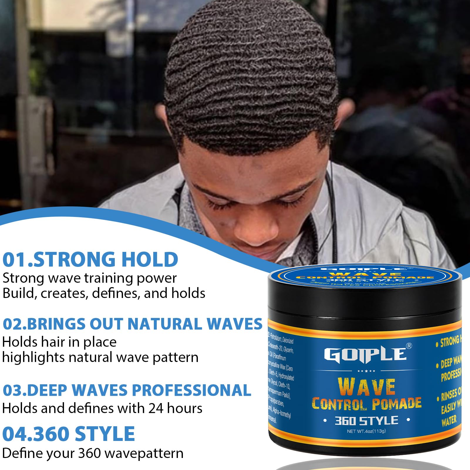 Goiple wave grease for men being applied to hair for definition