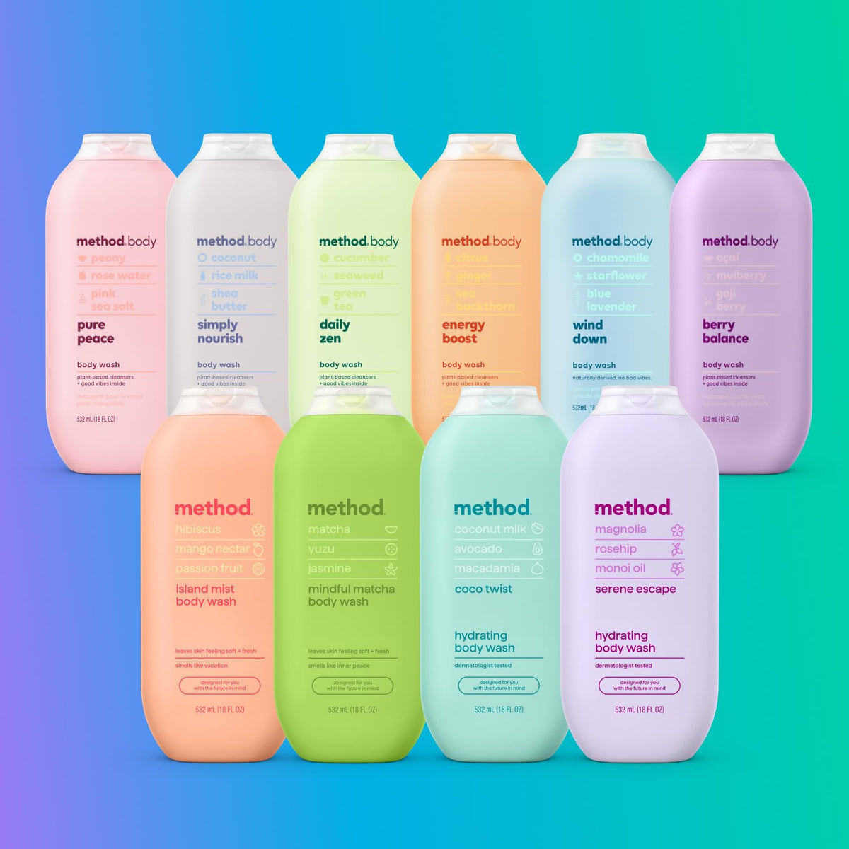 Method Simply Nourish body wash arranged with natural ingredients