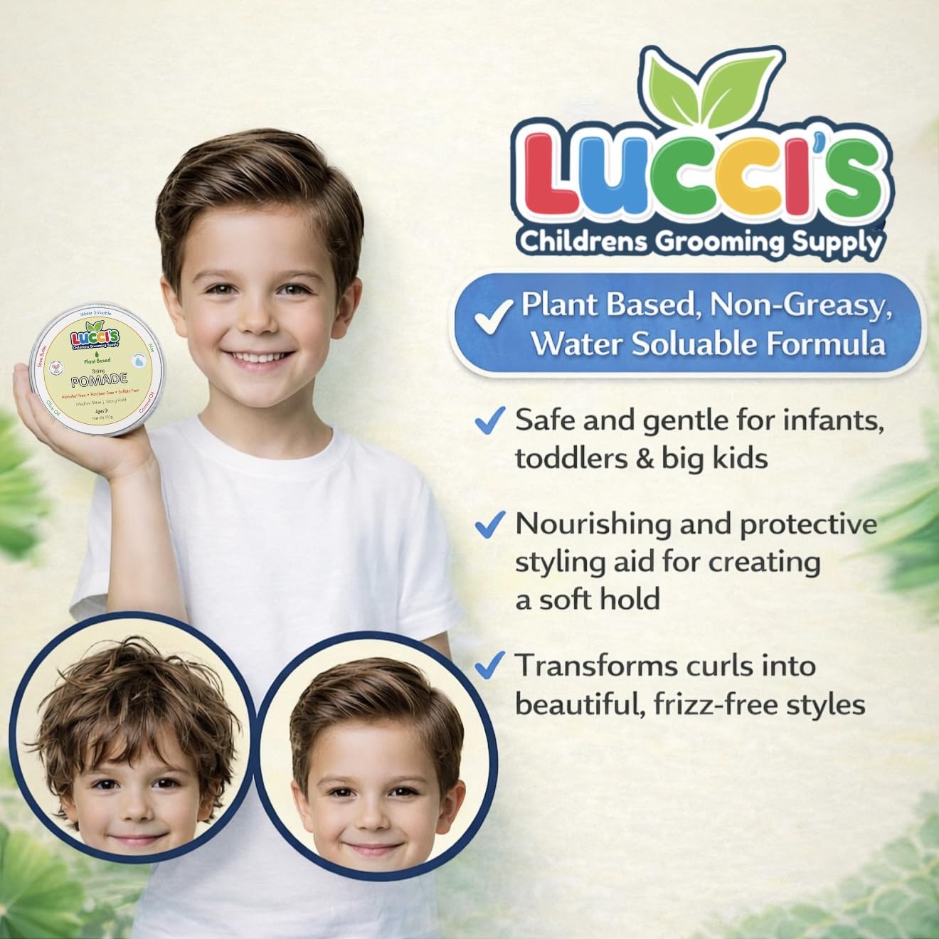 Luccis Childrens Grooming Supply infant hair styling paste tin showcasing the safe alcohol-free formula details