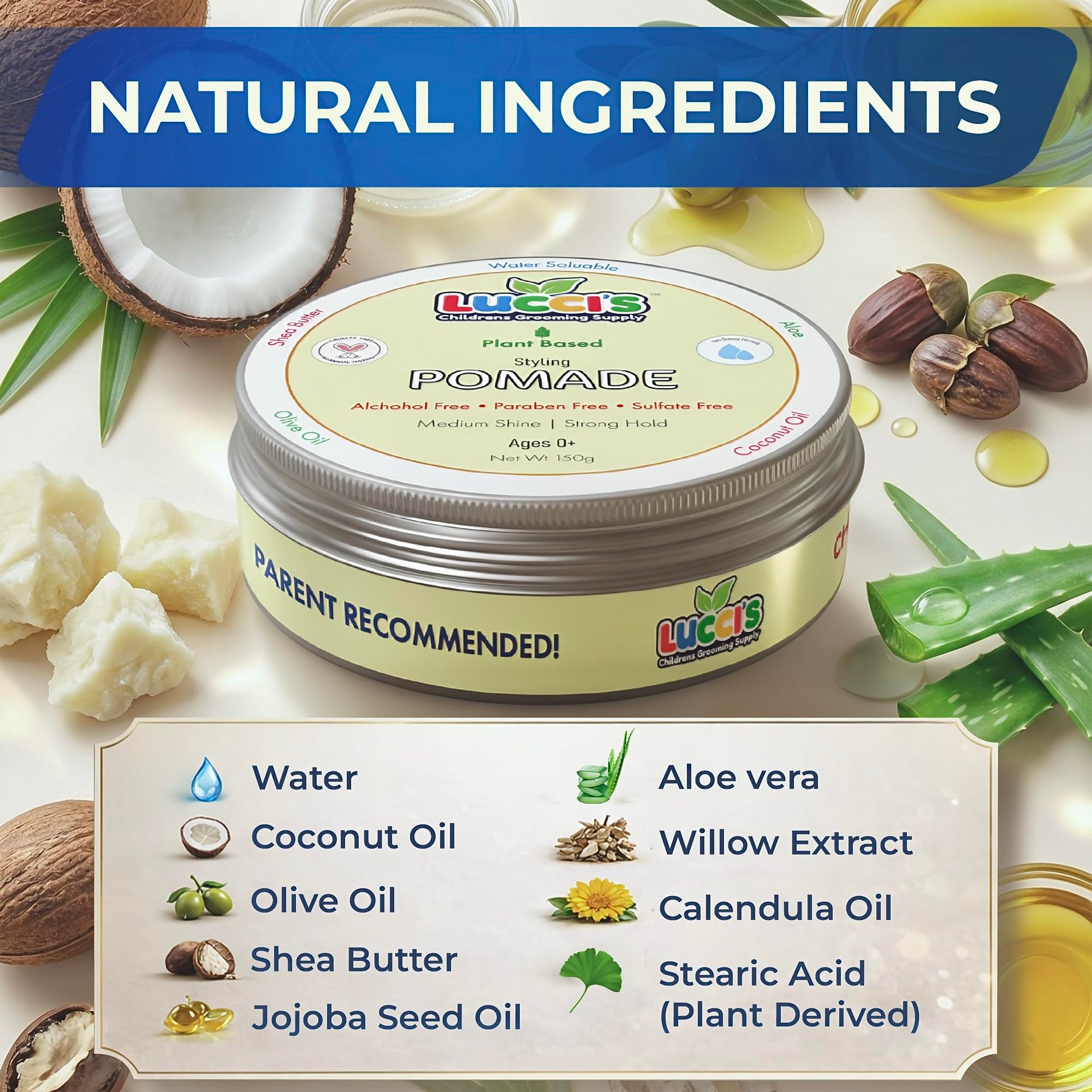 Premium organic baby pomade for toddlers displaying the strong hold and medium shine product attributes