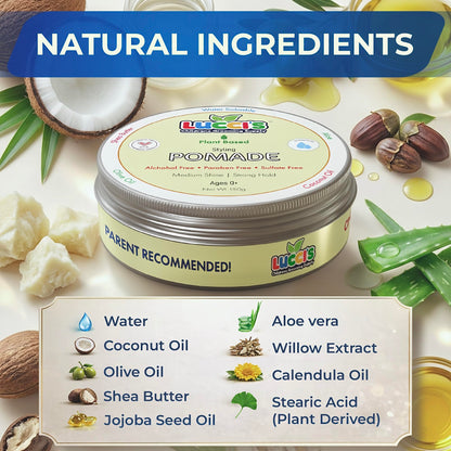 Premium organic baby pomade for toddlers displaying the strong hold and medium shine product attributes