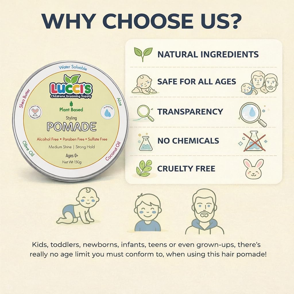 USA imported natural childrens hair grooming supply pomade displaying clean ingredient benefits label