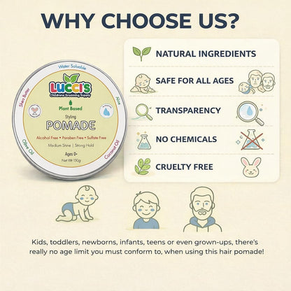 USA imported natural childrens hair grooming supply pomade displaying clean ingredient benefits label