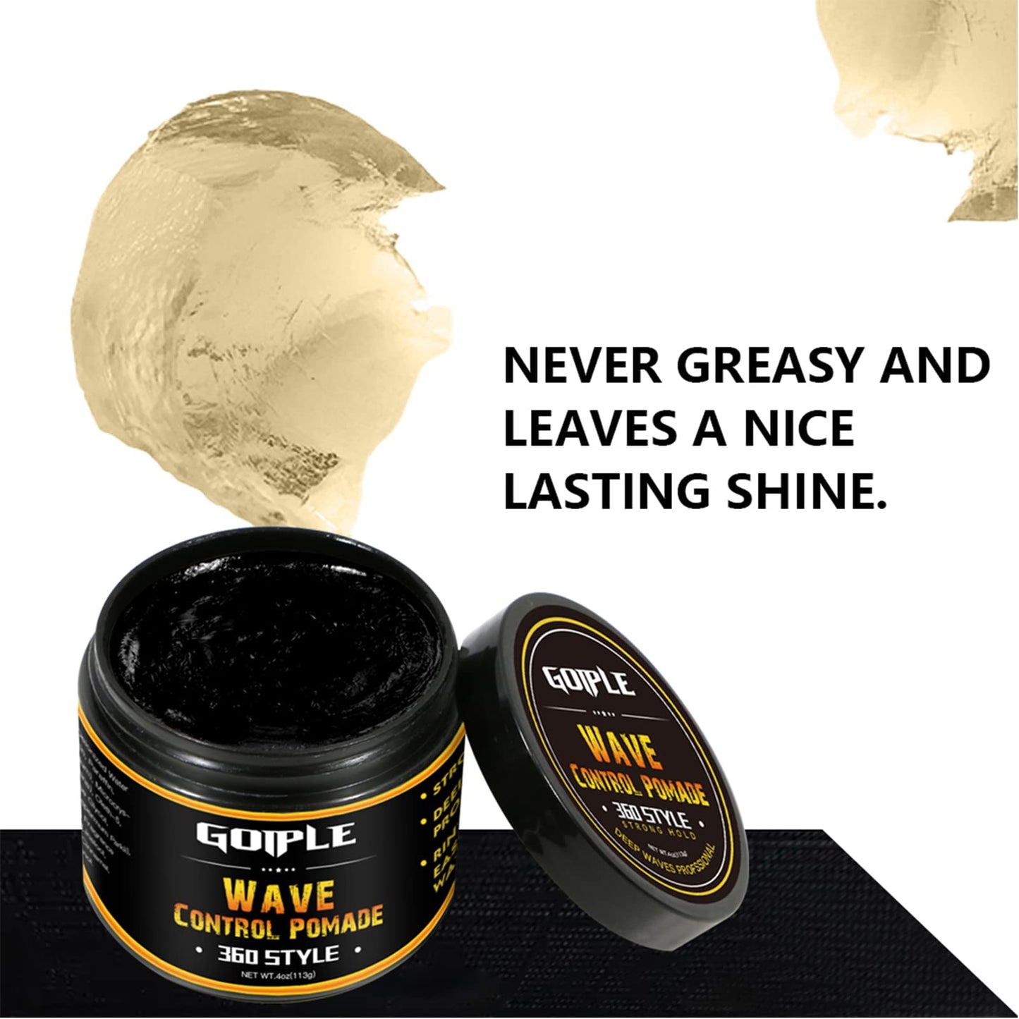 Side angle of the Goiple 360 wave training cream packaging showcasing key product attributes.