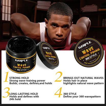 Goiple strong hold pomade for men being applied to hair for wave definition.