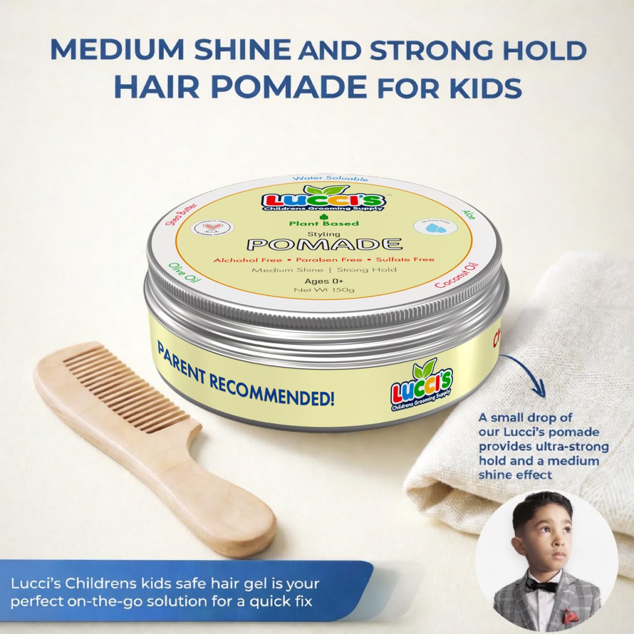 Luccis Childrens Grooming Supply sulfate-free infant hair paste packaging highlighting PETA certified vegan status