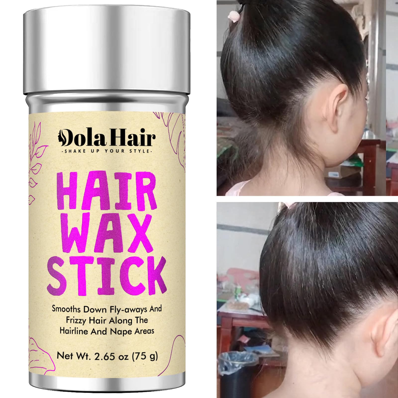 Dolahair hair pomade stick for women and kids being applied directly to smooth down hairline frizz.