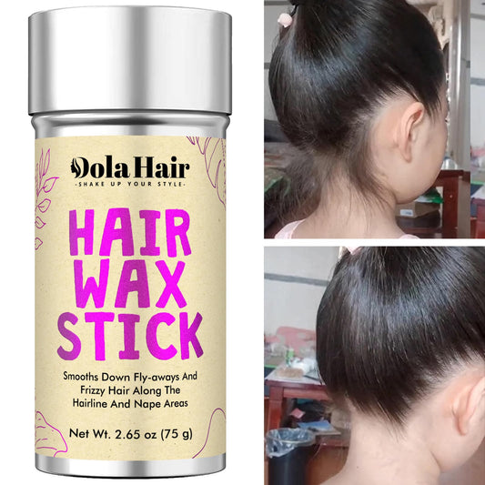 Dolahair hair pomade stick for women and kids being applied directly to smooth down hairline frizz.