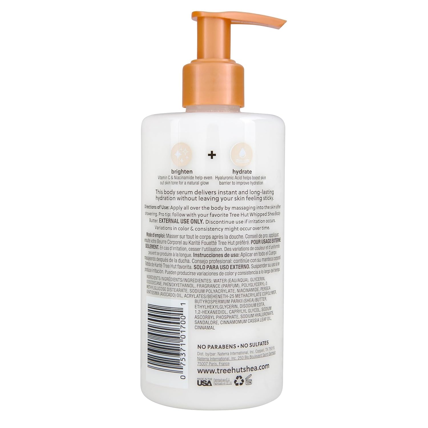 Tree Hut brightening and hydrating body serum with hyaluronic acid displayed against a clean beauty setup background.
