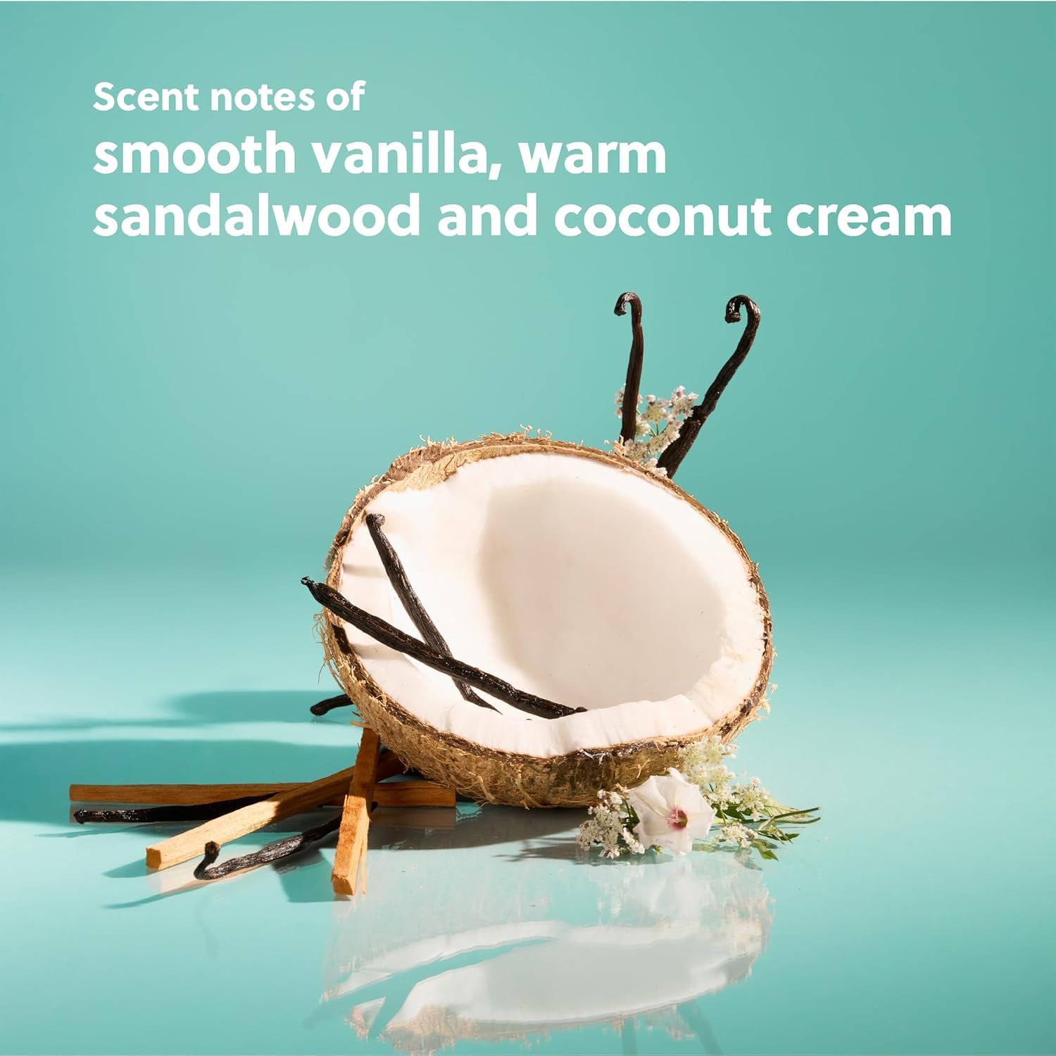 Close up of the product label detailing the vanilla sandalwood and coconut cream scent profile on the body serum.