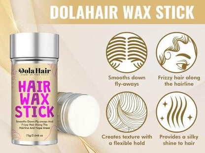 Dolahair hair tamer stick package demonstrating flyaway and baby hair edge control on a model.