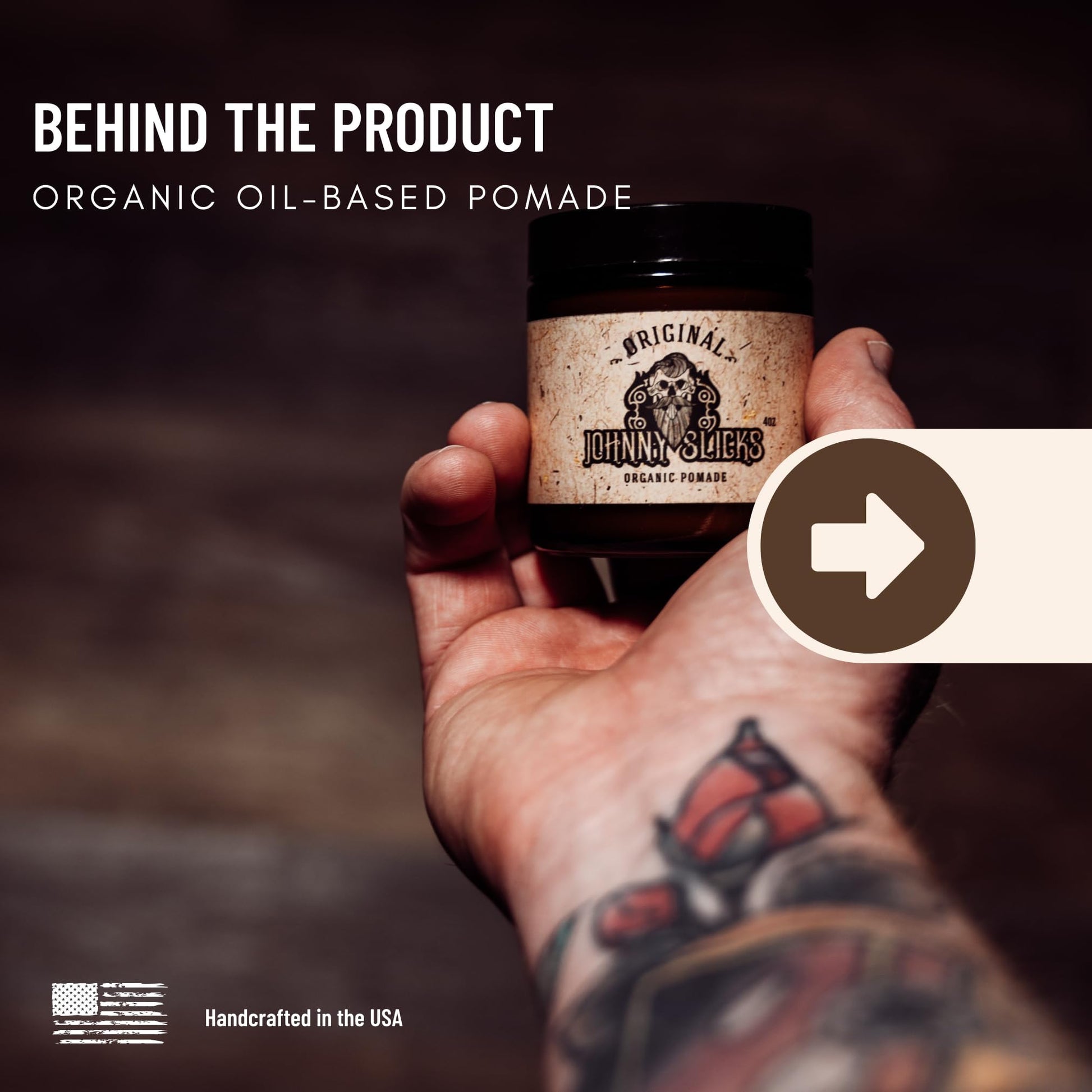 Open jar of Johnny Slicks pomade revealing the smooth texture of the organic hair styling wax.