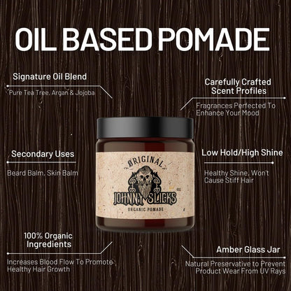 Top view of the Johnny Slicks hair pomade lid displaying the authentic brand design for men styling products.