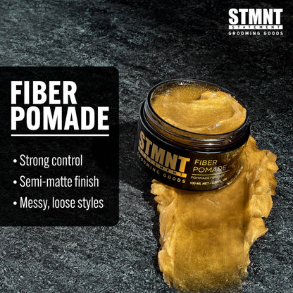 Side angle of STMNT Grooming Goods 3.38 Ounce jar highlighting product details and ingredients