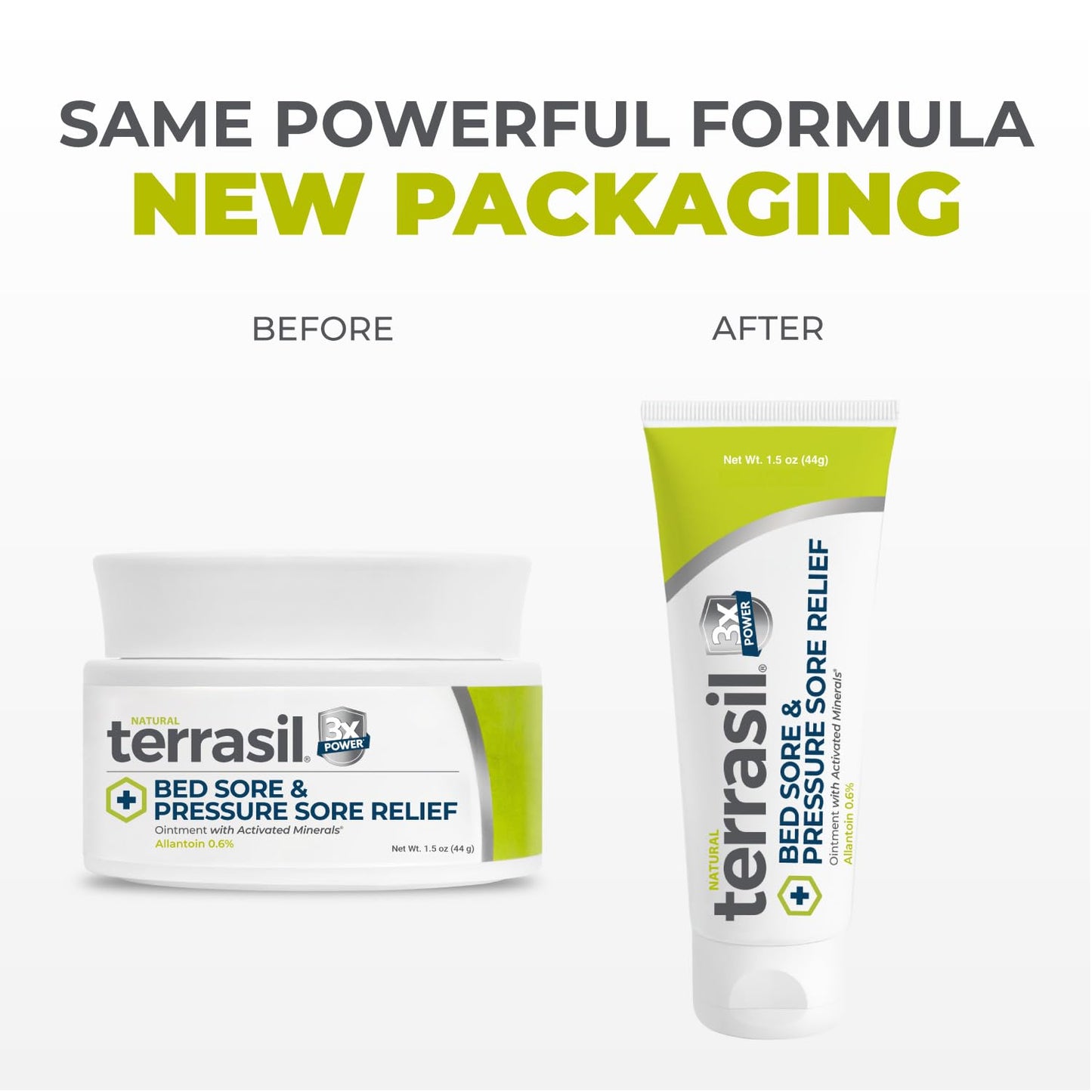 Terrasil Pressure Sores Cream packaging showing active ingredients and wound healing indications.