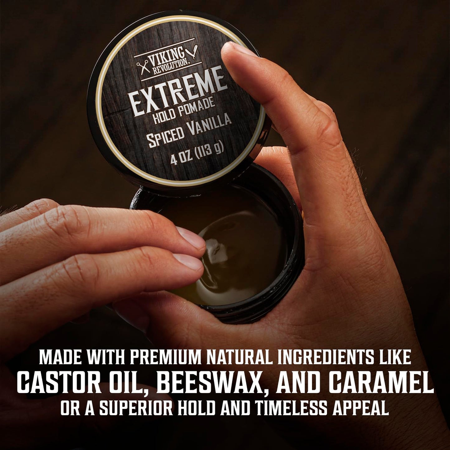 Viking Revolution extreme hold pomade imported packaging with spiced vanilla details.