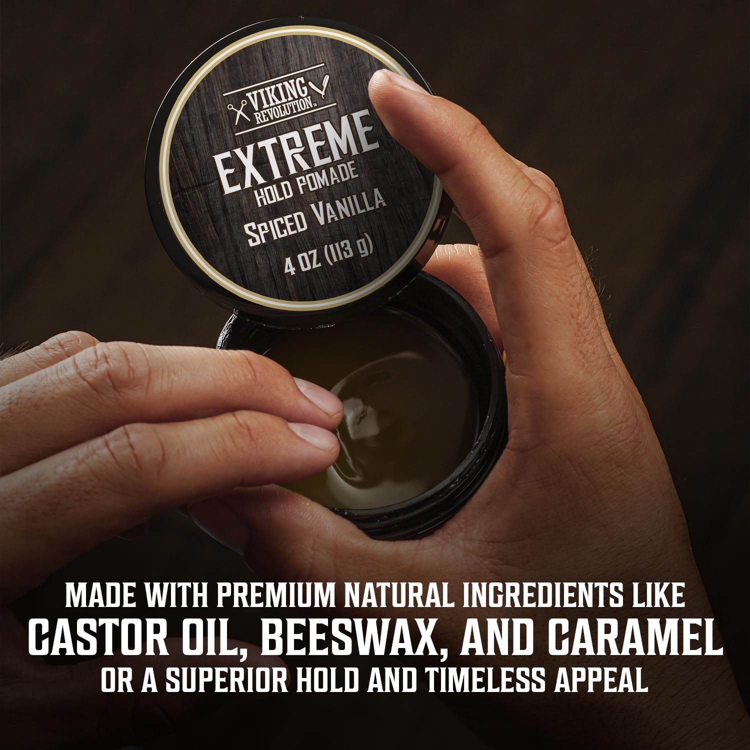 Viking Revolution extreme hold pomade imported packaging with spiced vanilla details.