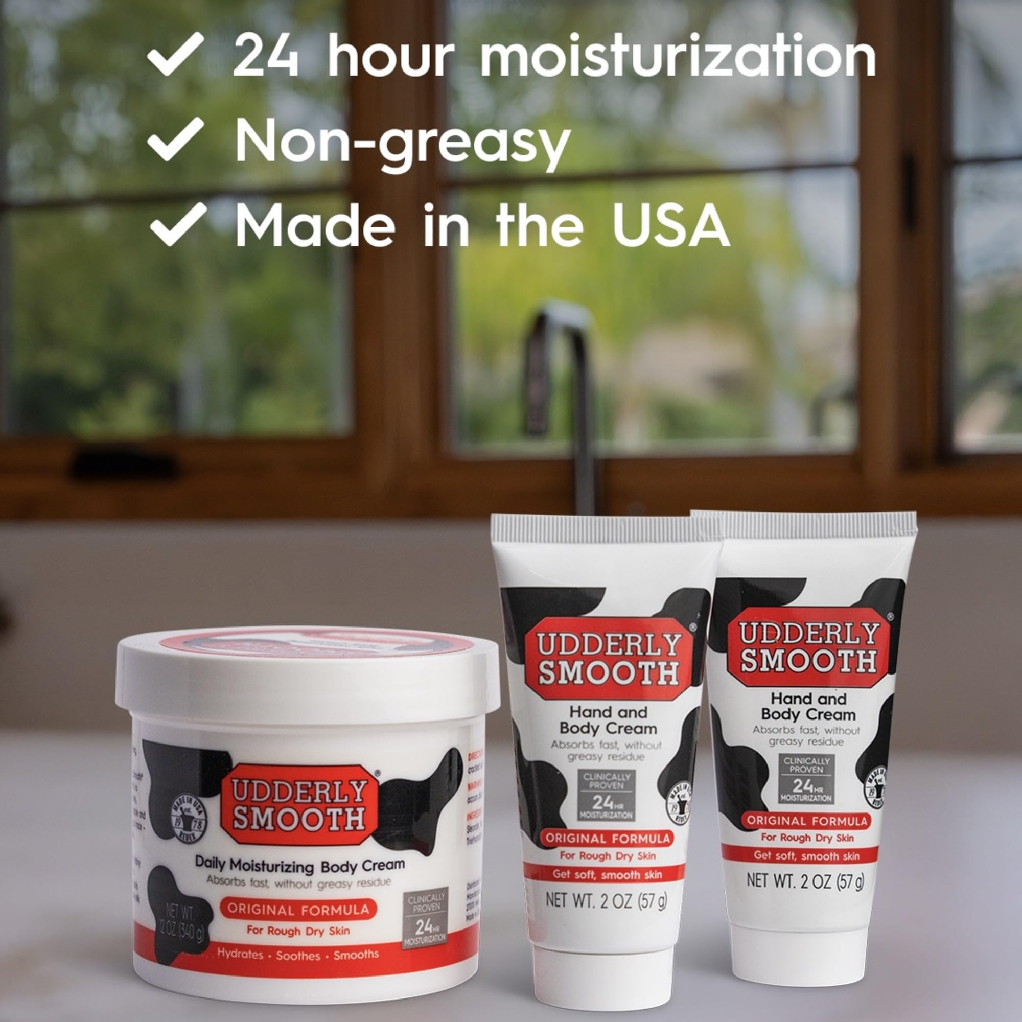 Udderly Smooth daily moisturizing body cream twelve ounce jar front view showcasing original formula for rough dry skin