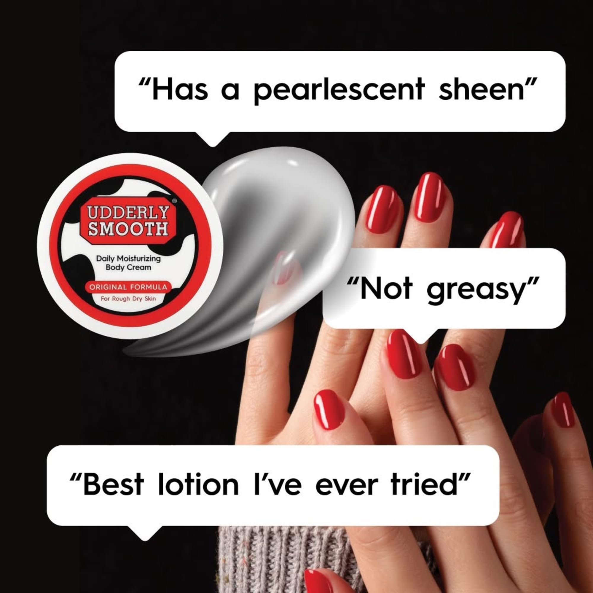Udderly Smooth hand cream two ounce travel size tube front view highlighting fast absorbing twenty four hour moisturization