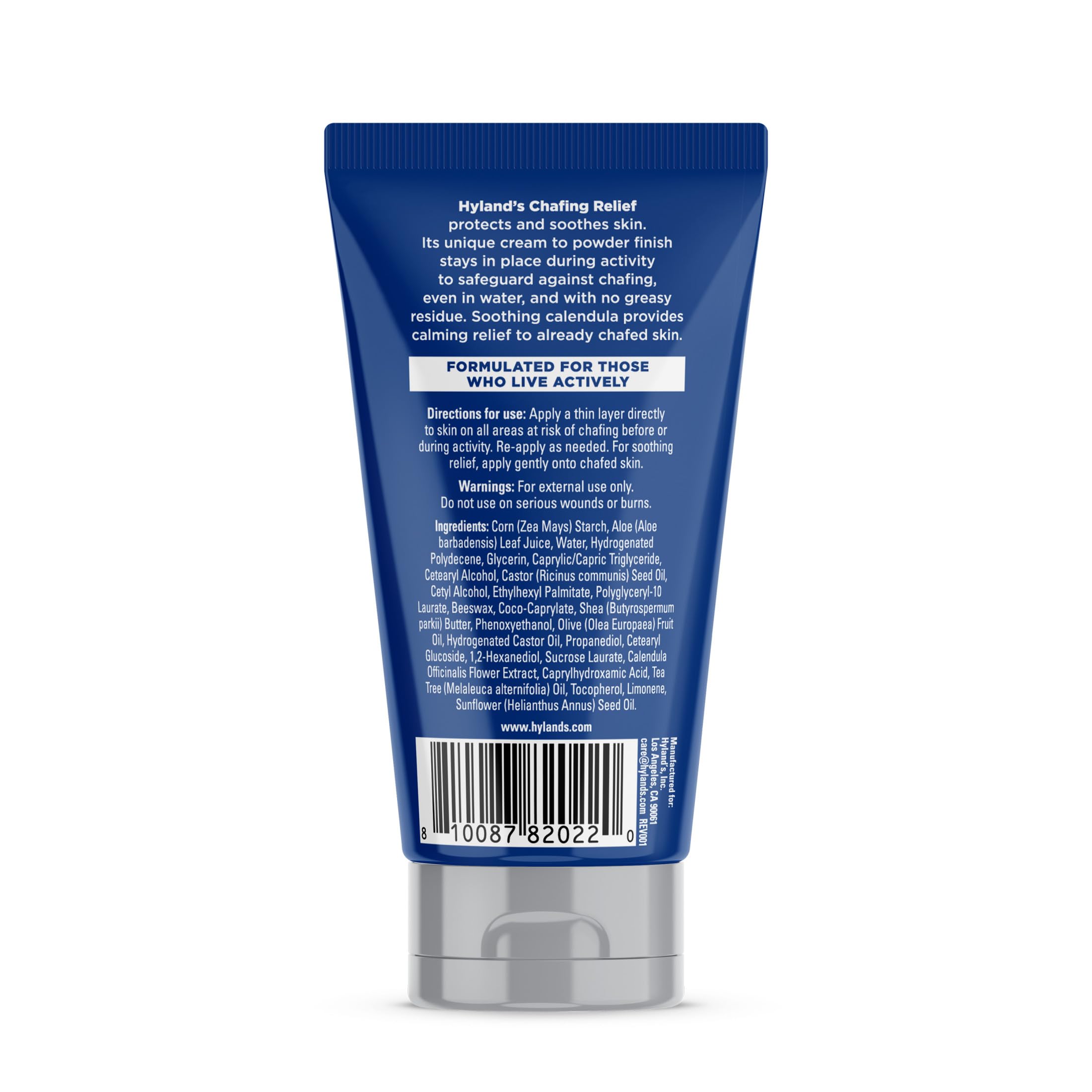 Hylands anti chafe cream to powder packaging back showing ingredients