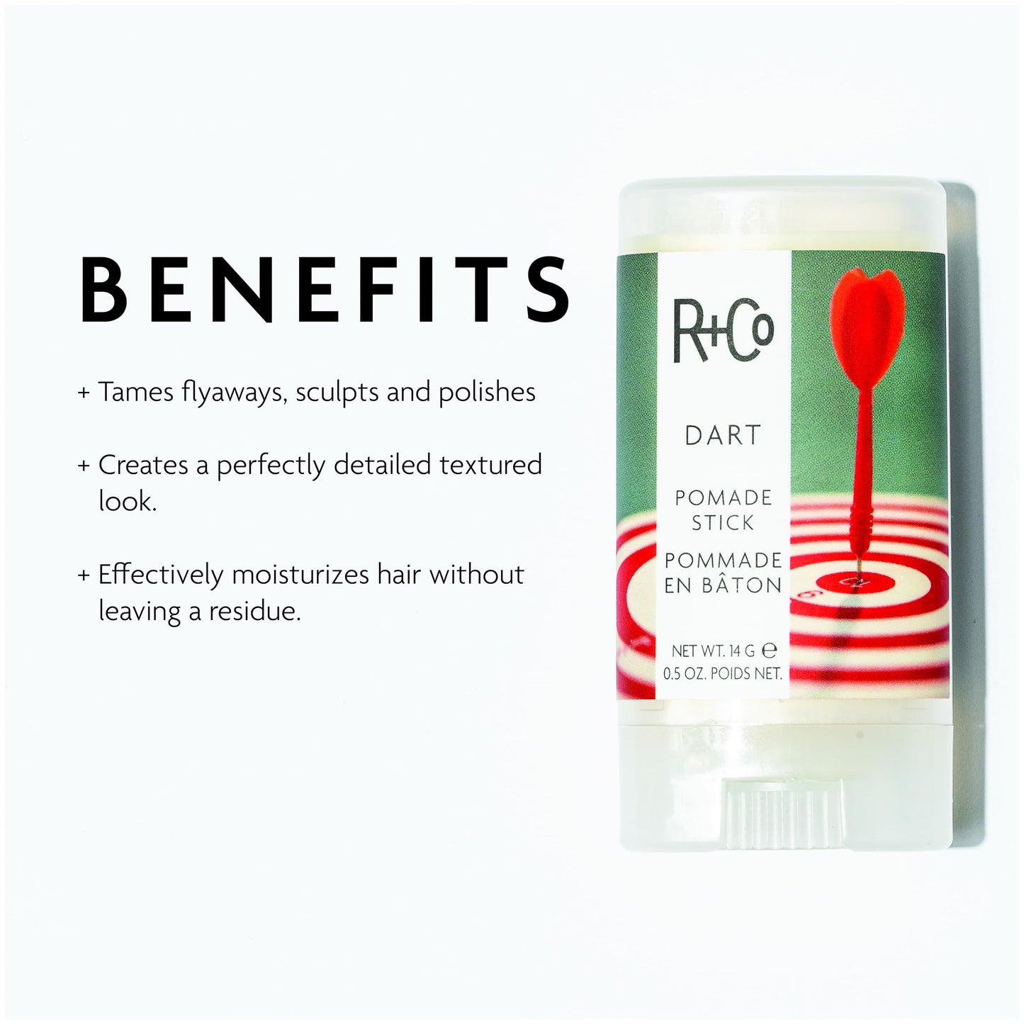 R+Co Dart styling wax stick 0.5 ounce packaging for hair smoothing