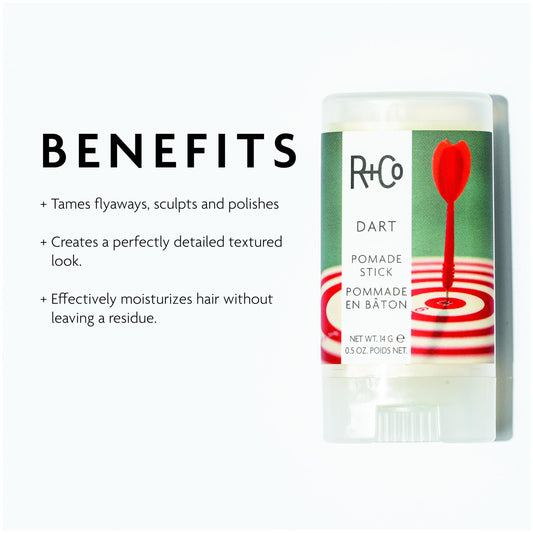 R+Co Dart styling wax stick 0.5 ounce packaging for hair smoothing