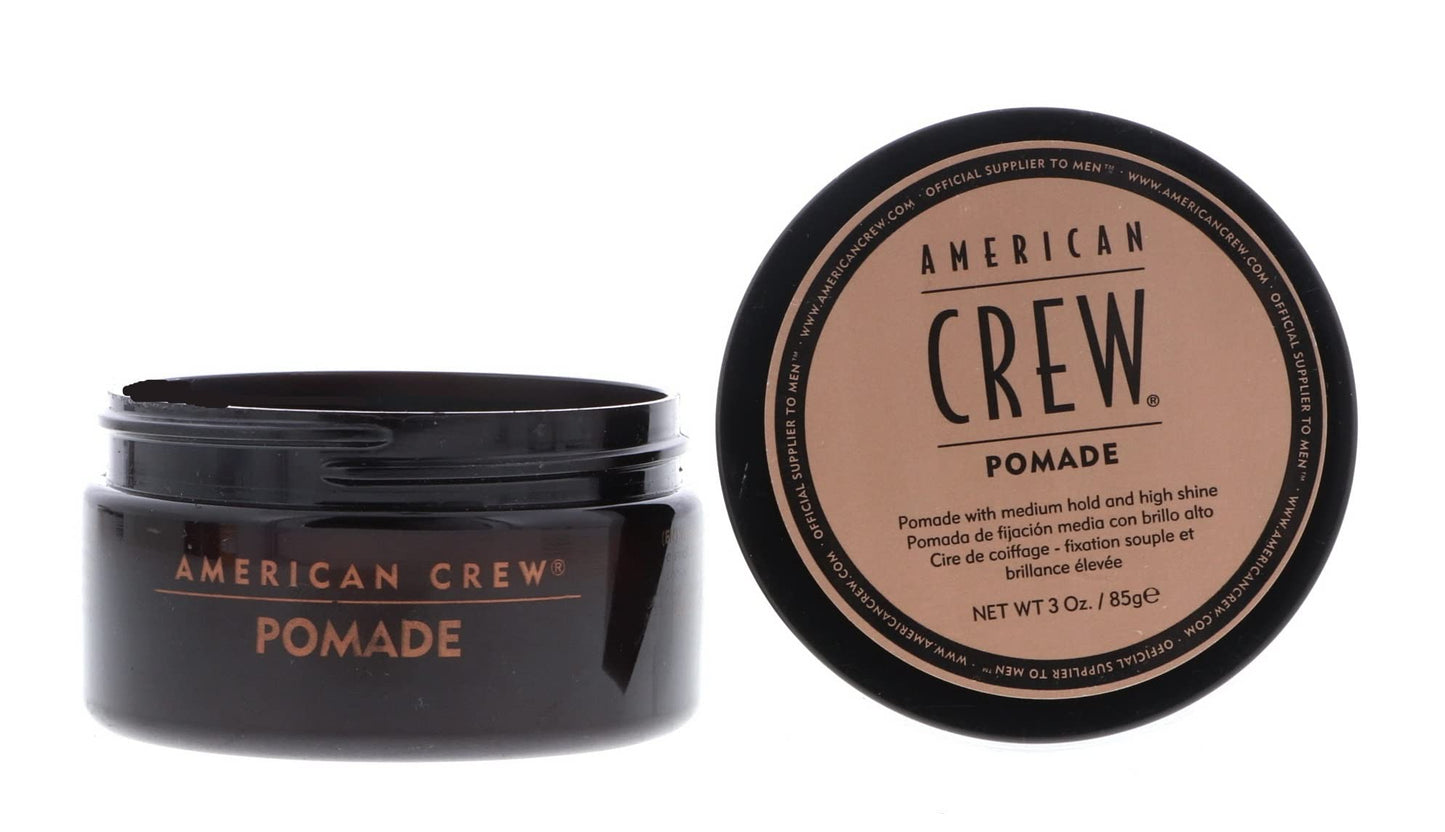 Back label of American Crew hair pomade displaying usage instructions and natural ingredients list