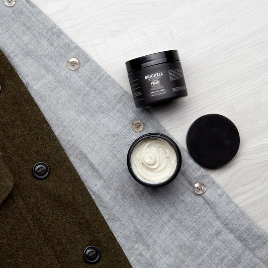 Brickell Men's Products Styling Clay Pomade open jar showing natural matte cream texture