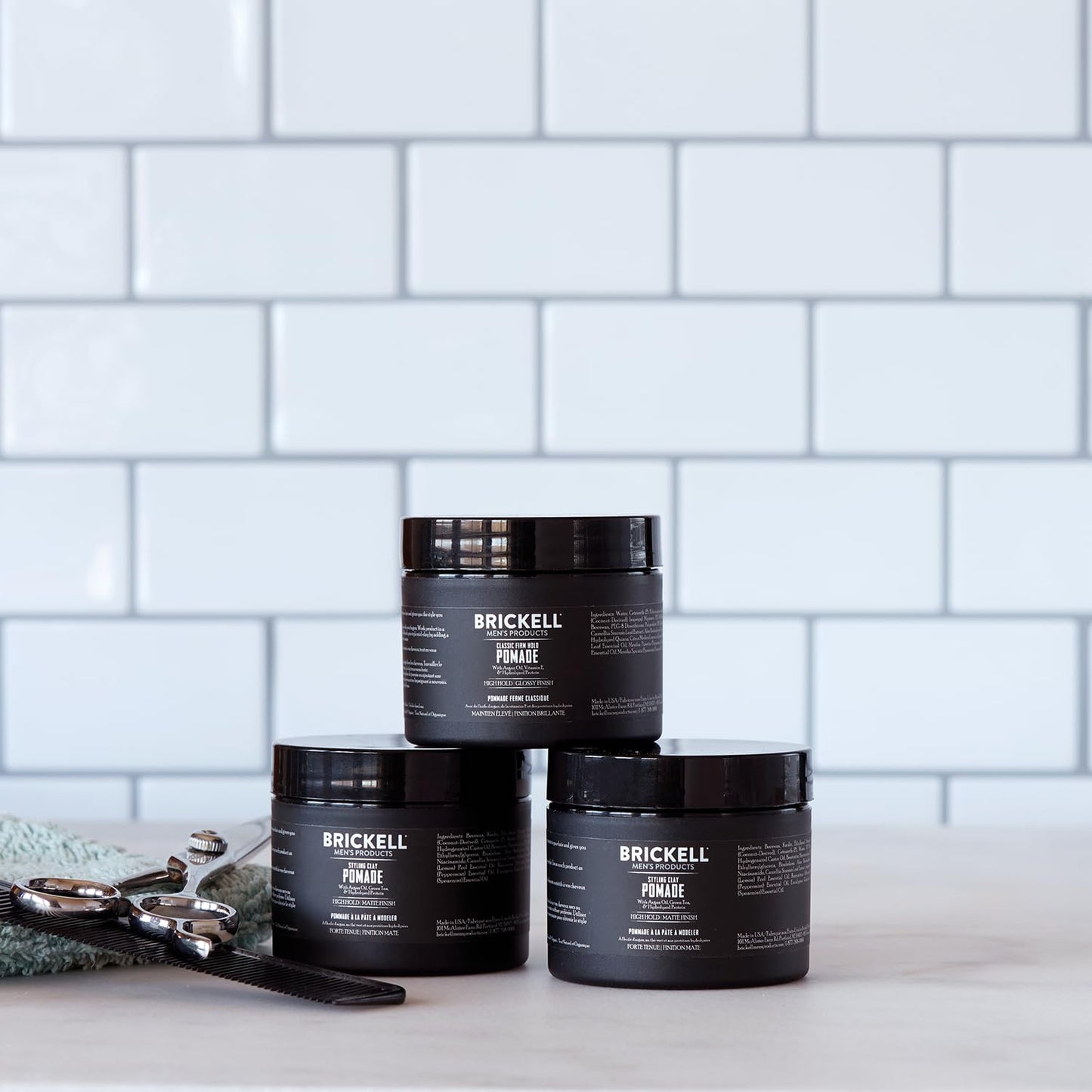 Brickell Men's Products natural organic hair clay packaging detailing argan oil ingredients