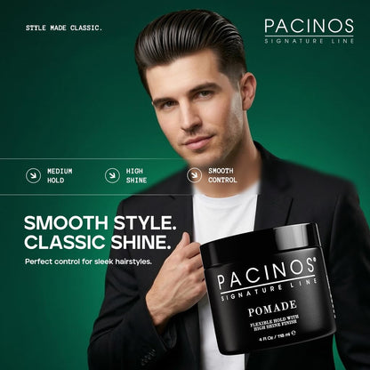 Open jar of Pacinos hair pomade showing the smooth water soluble styling paste texture