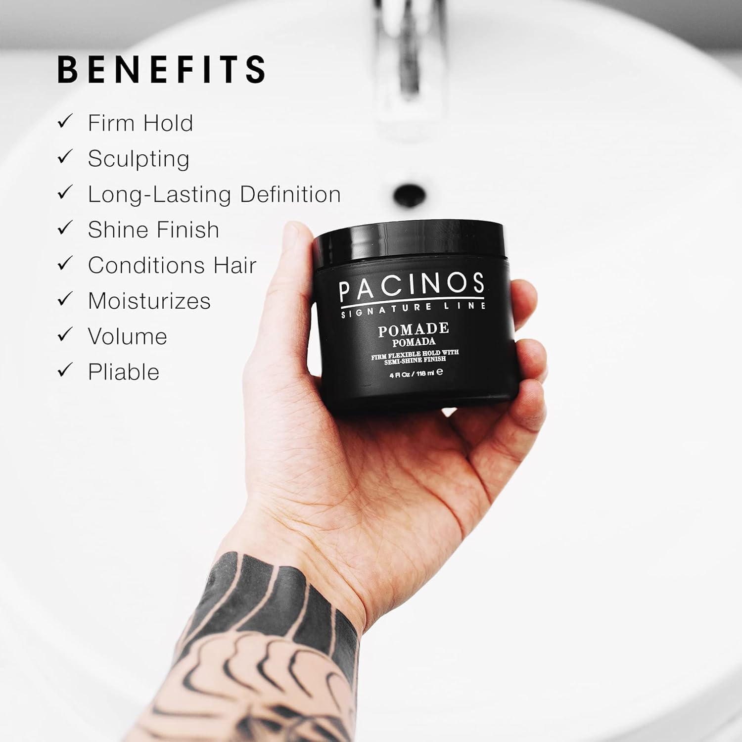 Back label of Pacinos firm hold semi shine pomade displaying complete ingredients and instructions