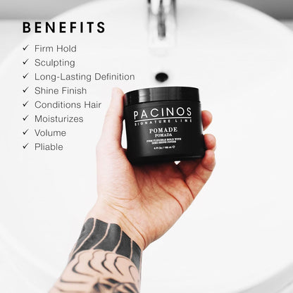 Back label of Pacinos firm hold semi shine pomade displaying complete ingredients and instructions